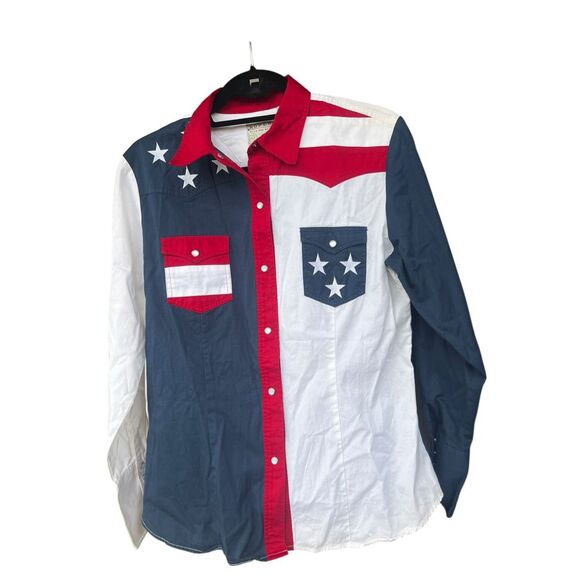 Roper Mens Medium Pearl Snap Flag Shirt Western Cowboy Red White Blue equestrian - Picture 1 of 6